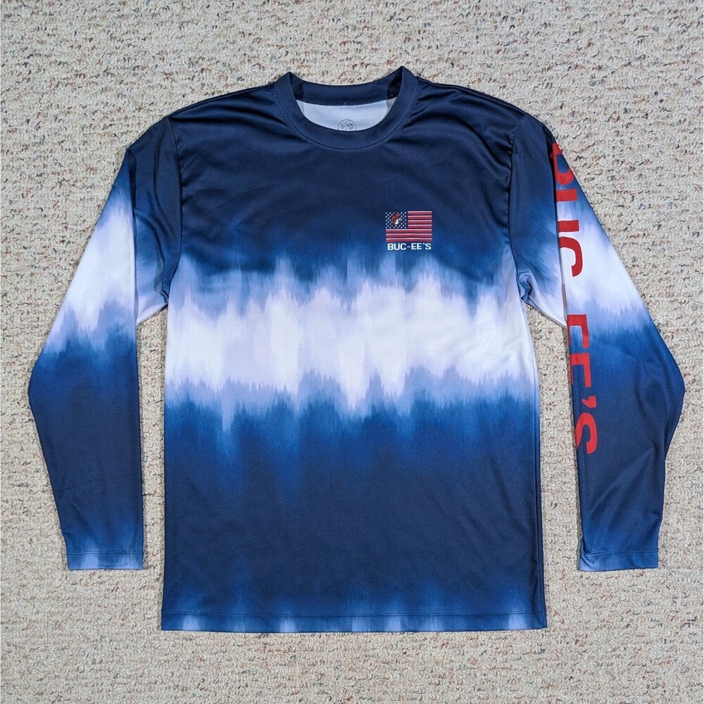 Buc-ee's Fishing Shirt Mens M Long Sleeve Tie Dye American Flag Beaver Polyester